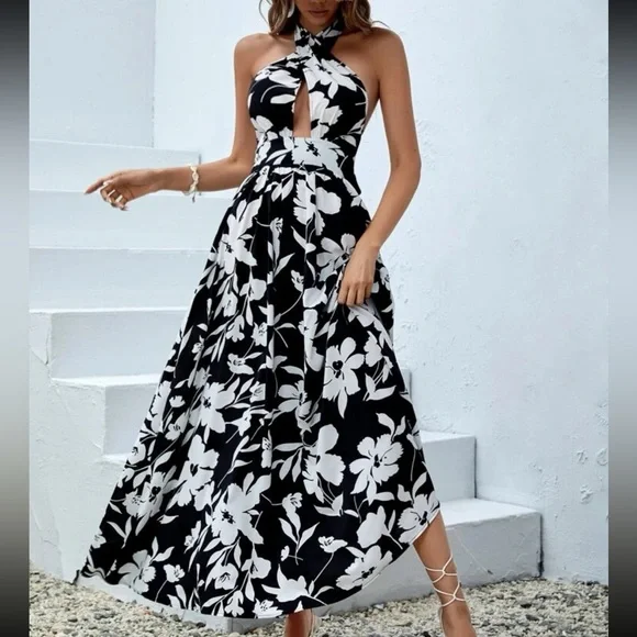 Boho Tropical Floral Print Criss Cross Back Tie Backless Halter Dress Black - Picture 4 of 6